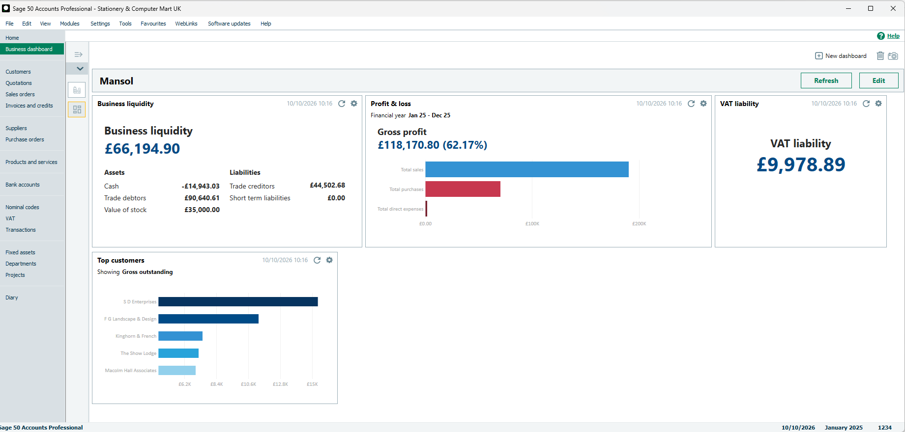 Sage 50 Accounts Professional business dashboard